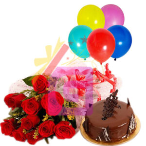 1 dozen red roses with balloons and cake