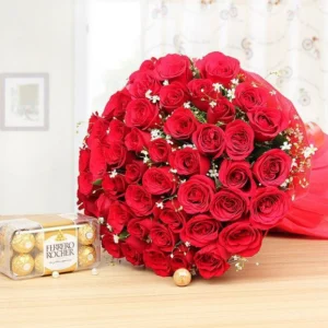 Send 50 Red Roses With 16 pcs Frerro