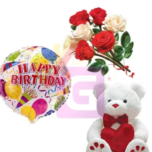 Send Teddy Bear , Roses With Happy Birthday Baloons