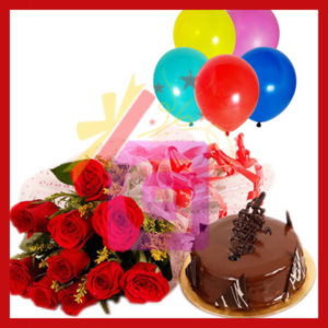 1 dozen red roses with balloons and cake