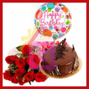 Cake with balloon and roses