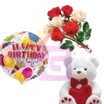 Send Teddy Bear , Roses With Happy Birthday Baloons