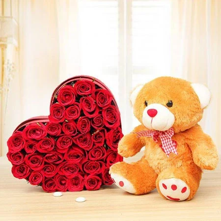 teddy with rose Send 36 red roses in heart shape box – Giftinday - Image 1
