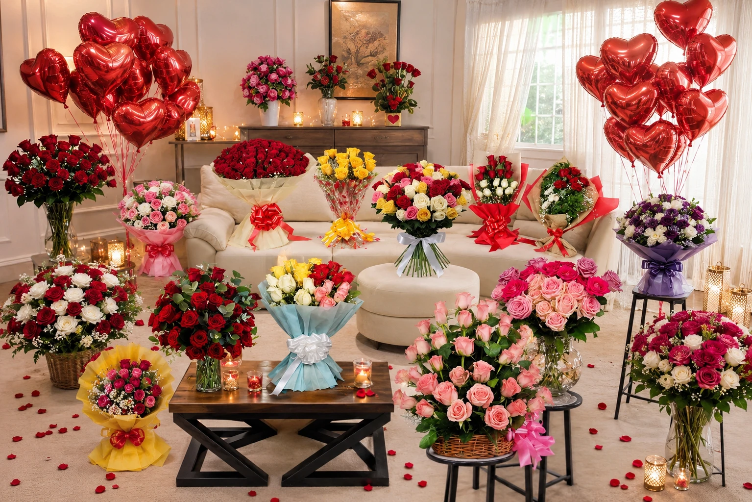 Romantic Rose Paradise with 20 Heart Balloons Romantic Rose Paradise with 20 Heart Balloons