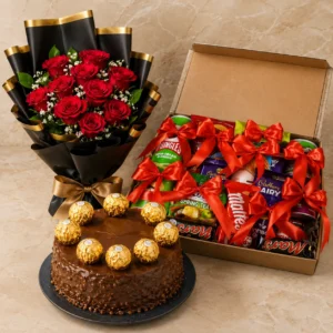 Celebratory gift set with treats and flowers