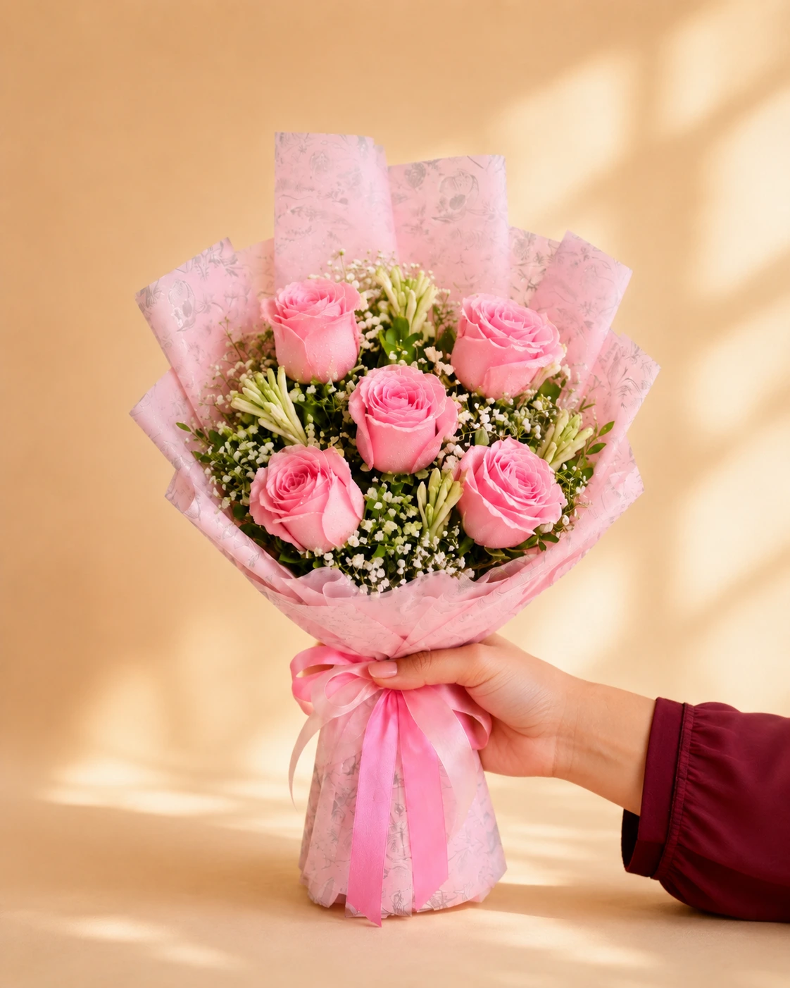 Blush Rose Elegance Bouquet Blush rose bouquet with five pink roses and white filler flowers
