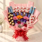 Pink chocolate flower bouquet with Raffaello, Ferrero Rocher, roses and colorful daisies