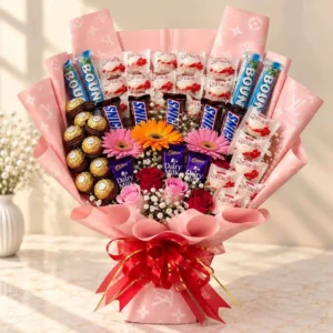 Pink chocolate flower bouquet with Raffaello, Ferrero Rocher, roses and colorful daisies