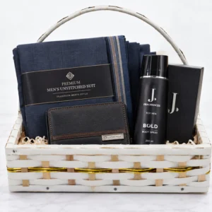 Pakistani men's gift basket with unstitched suit body spray and wallet