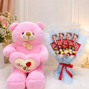 giant teddy bear with roses and assorted chocolate bouquet
