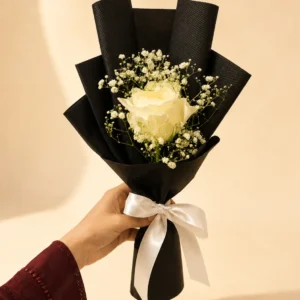 White Rose Elegance Bouquet with Baby's Breath and Black Wrapping