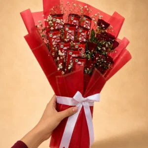 KitKat Rose Affair bouquet with 10 KitKats, red roses and gypsophila