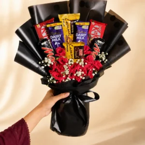 Noir Romance bouquet with KitKat Mars Dairy Milk red roses and Gypsophila