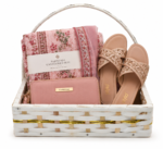 Pakistani women’s gift basket with unstitched suit wallet and ladies sandals