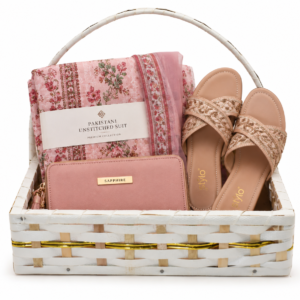 Pakistani women’s gift basket with unstitched suit wallet and ladies sandals