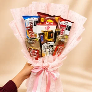 Pink Treat Bouquet with Frisky wafers KitKat chocolates biscuits and snacks