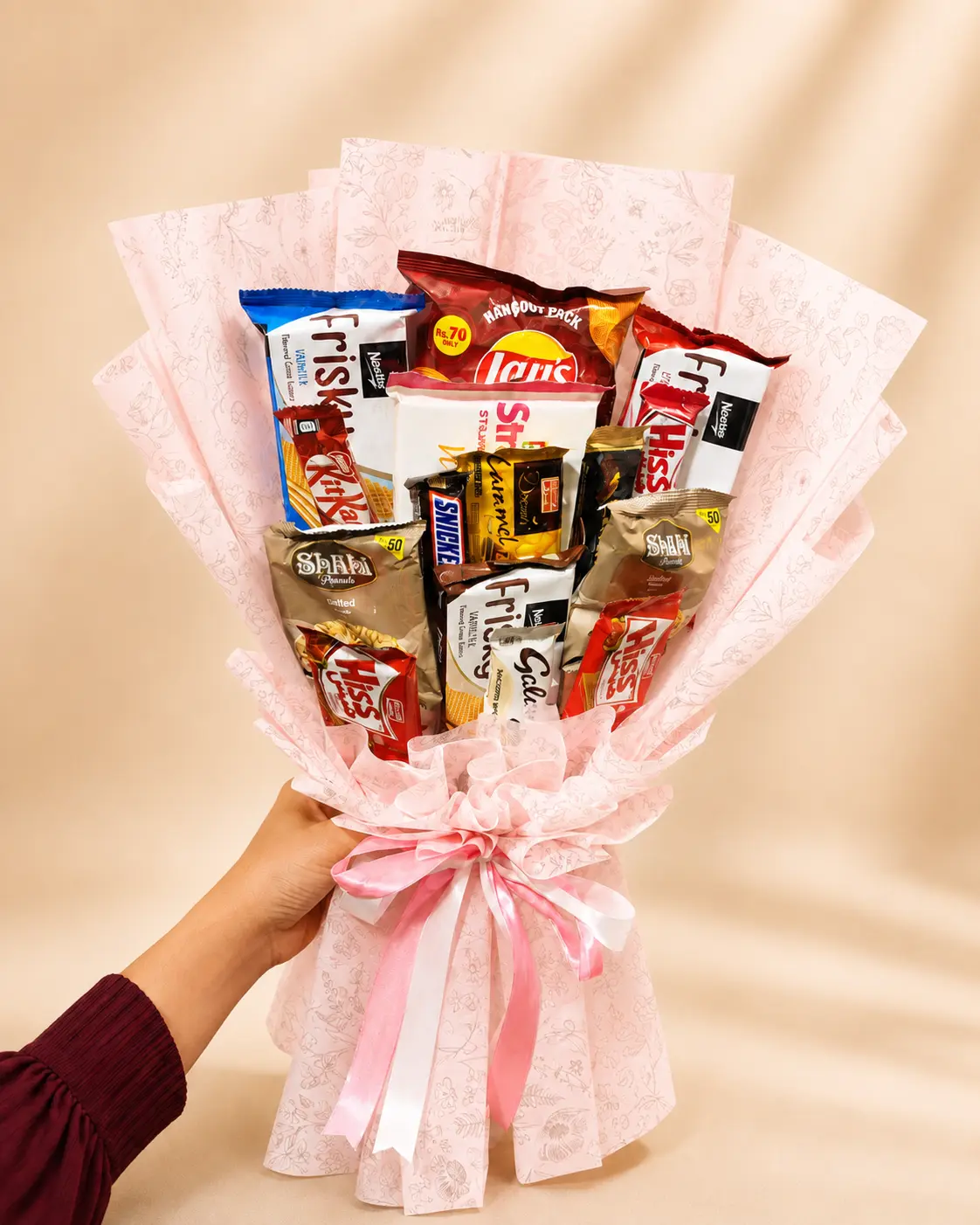 Pink Treat Bouquet Assorted Snack and Chocolate Gift GiftInDay Pink Treat Bouquet with Frisky wafers KitKat chocolates biscuits and snacks