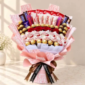 Chocolate rose bouquet with Raffaello, Ferrero Rocher, Toblerone, KitKat and red roses