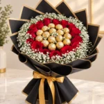 red rose Ferrero gift bouquet with 18 roses and baby's breath