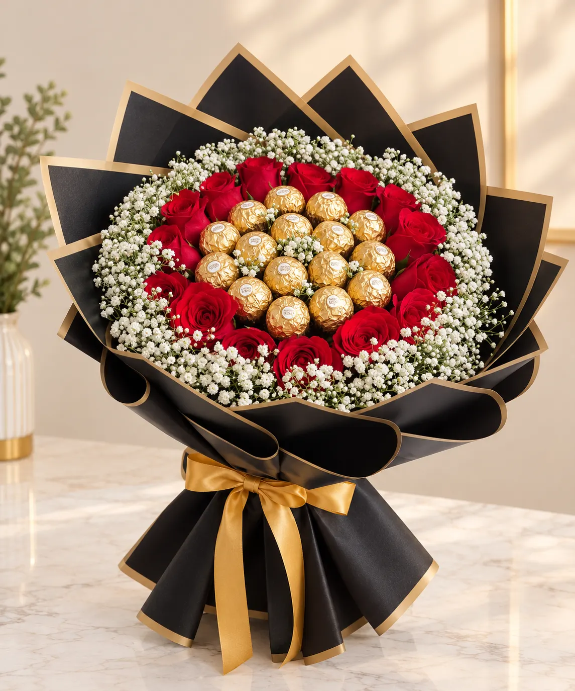 Ruby Charm Rose & Ferrero Bouquet red rose Ferrero gift bouquet with 18 roses and baby's breath
