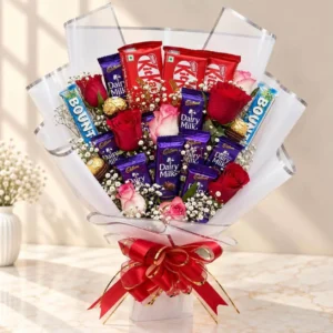 Flower chocolate bouquet with Dairy Milk, Ferrero Rocher, Bounty, KitKat and roses